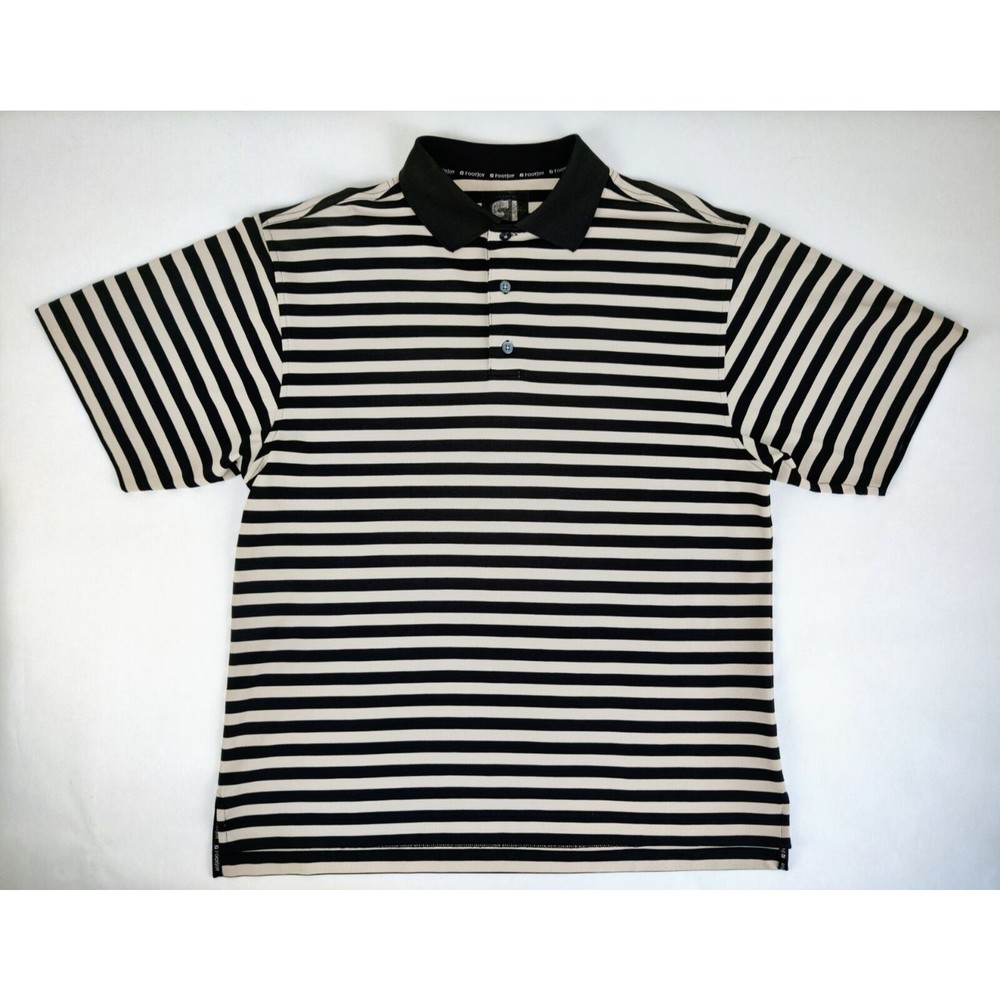 FootJoy FJ Men's Golf Polo Shirt Striped Black Beige Short Sleeve Size Large